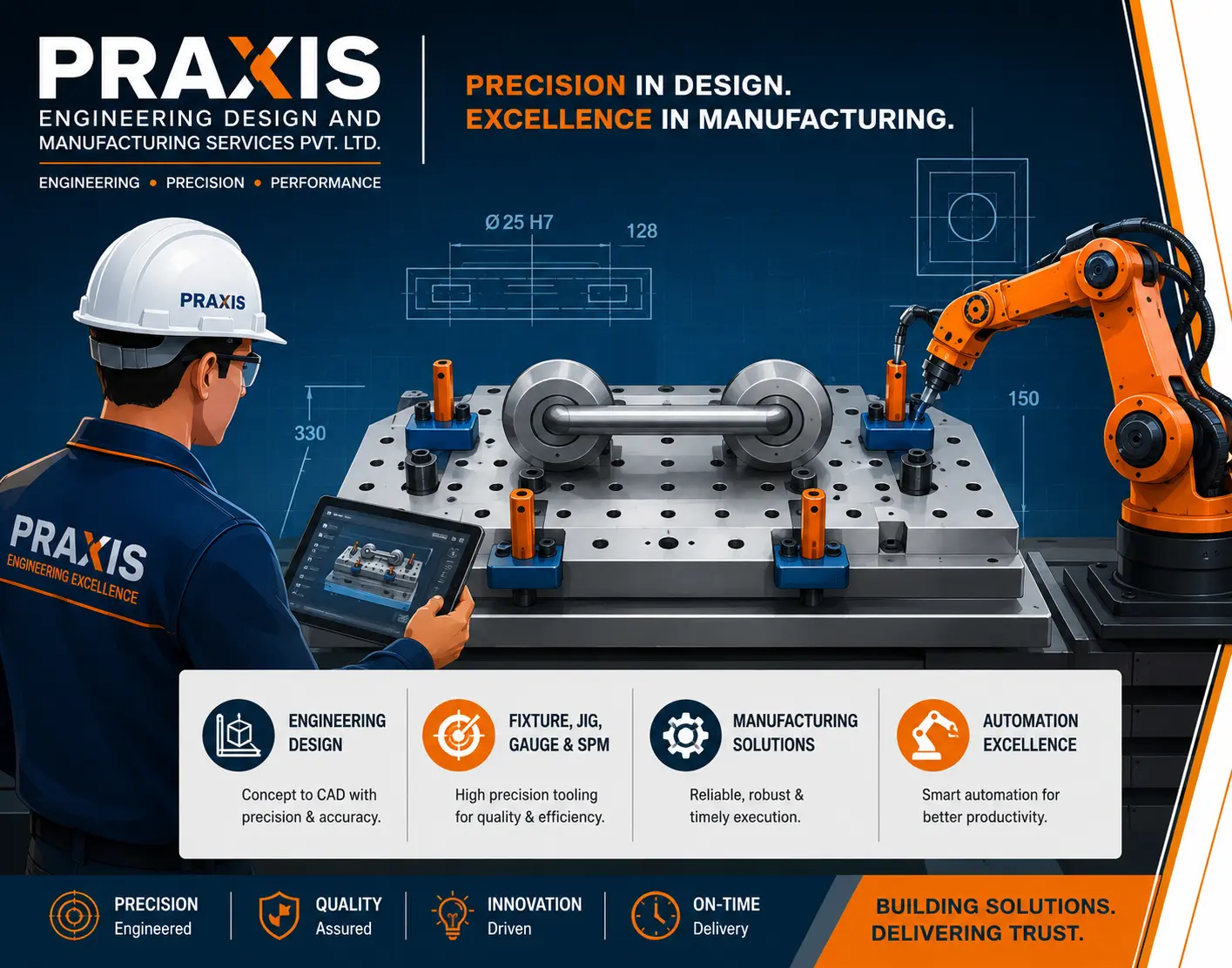 PRAXIS engineer reviewing fixture design, CNC machining and automation systems